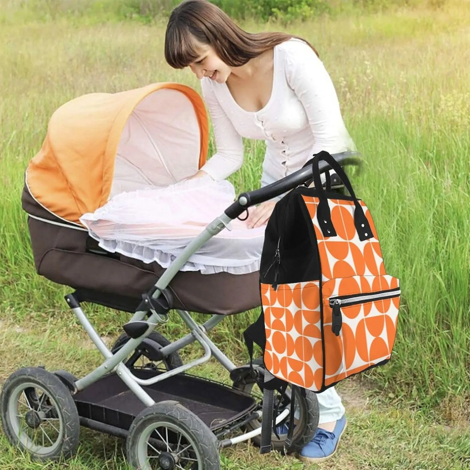 Mid Century Modern Geometric Orange Art Print Large Capacity Mummy Maternity Bag Multifunctional Diaper Backpack 3D Print Travel Backpack