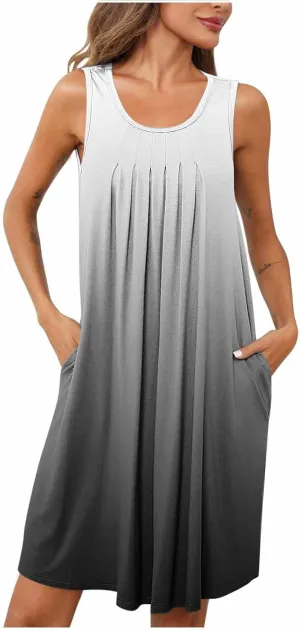 Midi Dresses for Women Summer Crew Neck Sleeveless Striped Sun Dresses Casual Soft Lounge Dress with Pockets