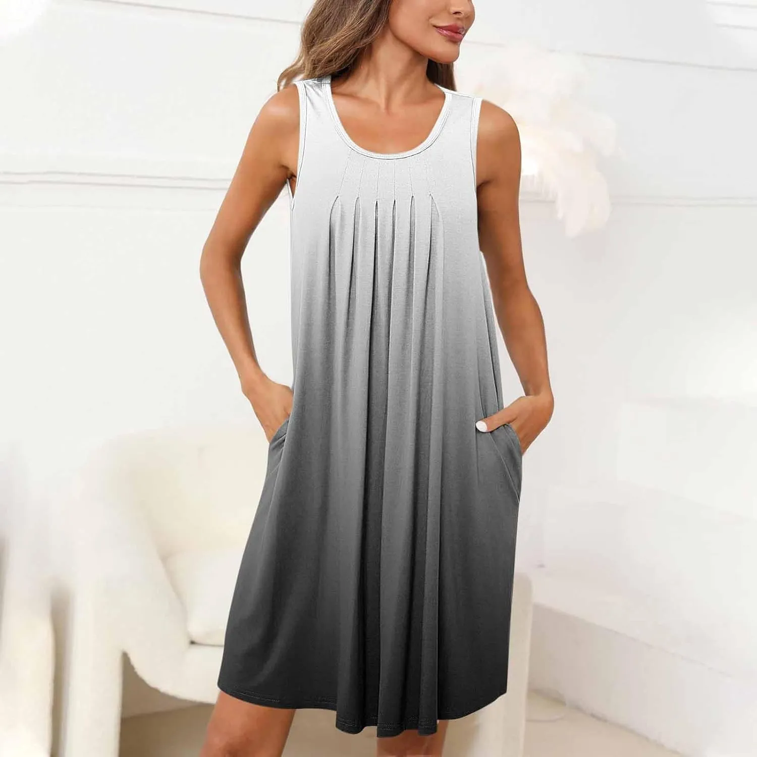 Midi Dresses for Women Summer Crew Neck Sleeveless Striped Sun Dresses Casual Soft Lounge Dress with Pockets