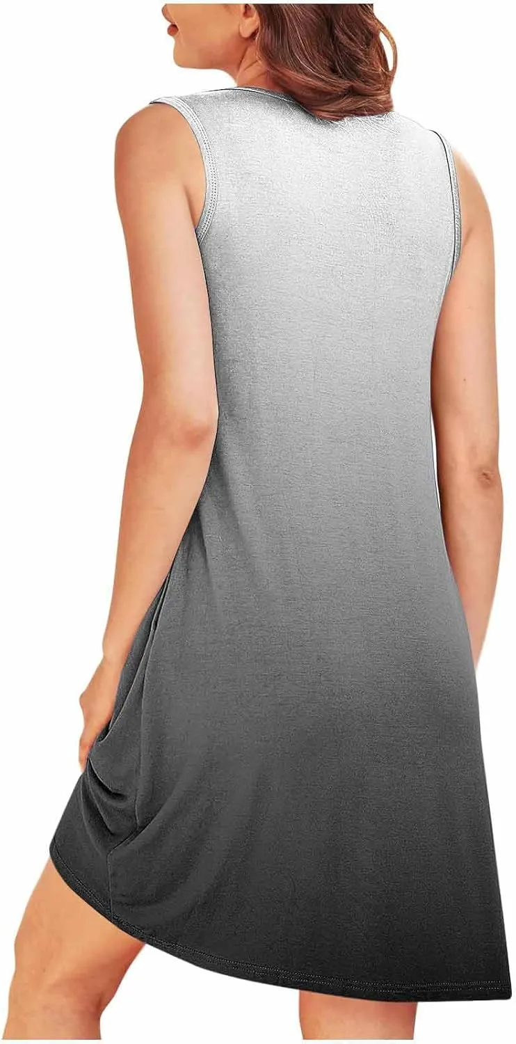 Midi Dresses for Women Summer Crew Neck Sleeveless Striped Sun Dresses Casual Soft Lounge Dress with Pockets