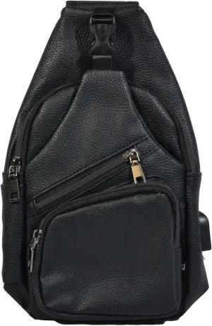 Milan Anti-Theft Daypack Crossbody Sling Backpack, Vegan Leather, USB Charging Connector Port, Lightweight Day Pack for Travel, Hiking, Everyday, Regular, Black