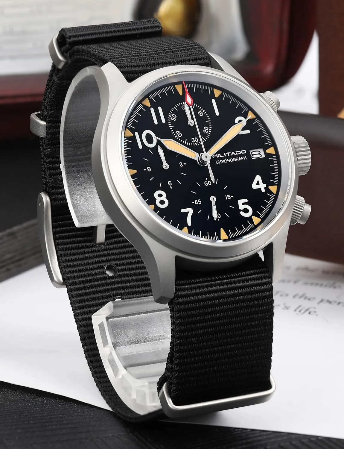 Militado Military Chronograph Watches 39mm Sapphire Crystal VK61/VK67 Quartz Luminous Wristwatches for Men 100M Waterproof Watch with Nylon Strap