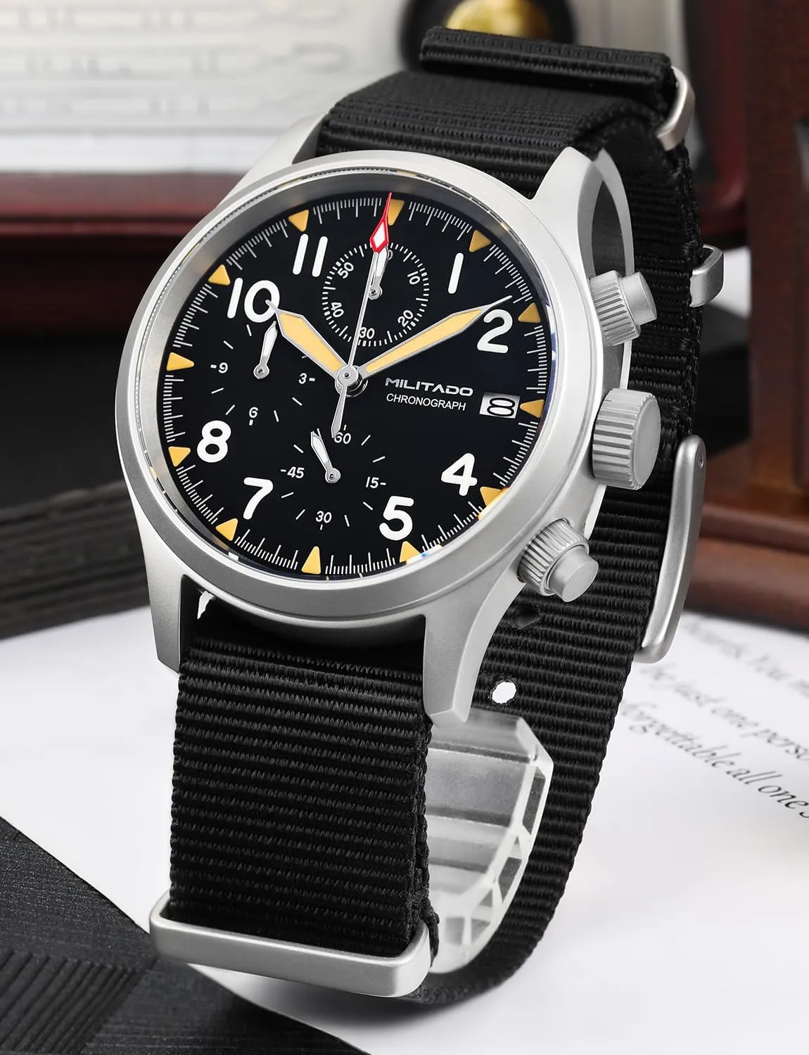 Militado Military Chronograph Watches 39mm Sapphire Crystal VK61/VK67 Quartz Luminous Wristwatches for Men 100M Waterproof Watch with Nylon Strap