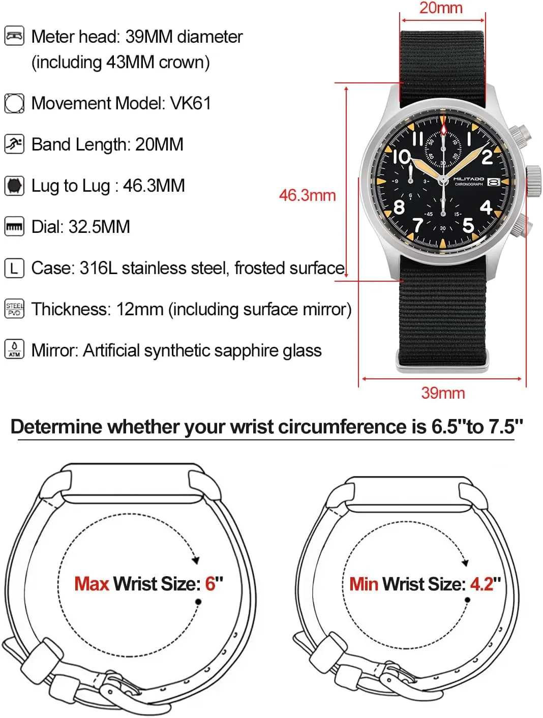 Militado Military Chronograph Watches 39mm Sapphire Crystal VK61/VK67 Quartz Luminous Wristwatches for Men 100M Waterproof Watch with Nylon Strap