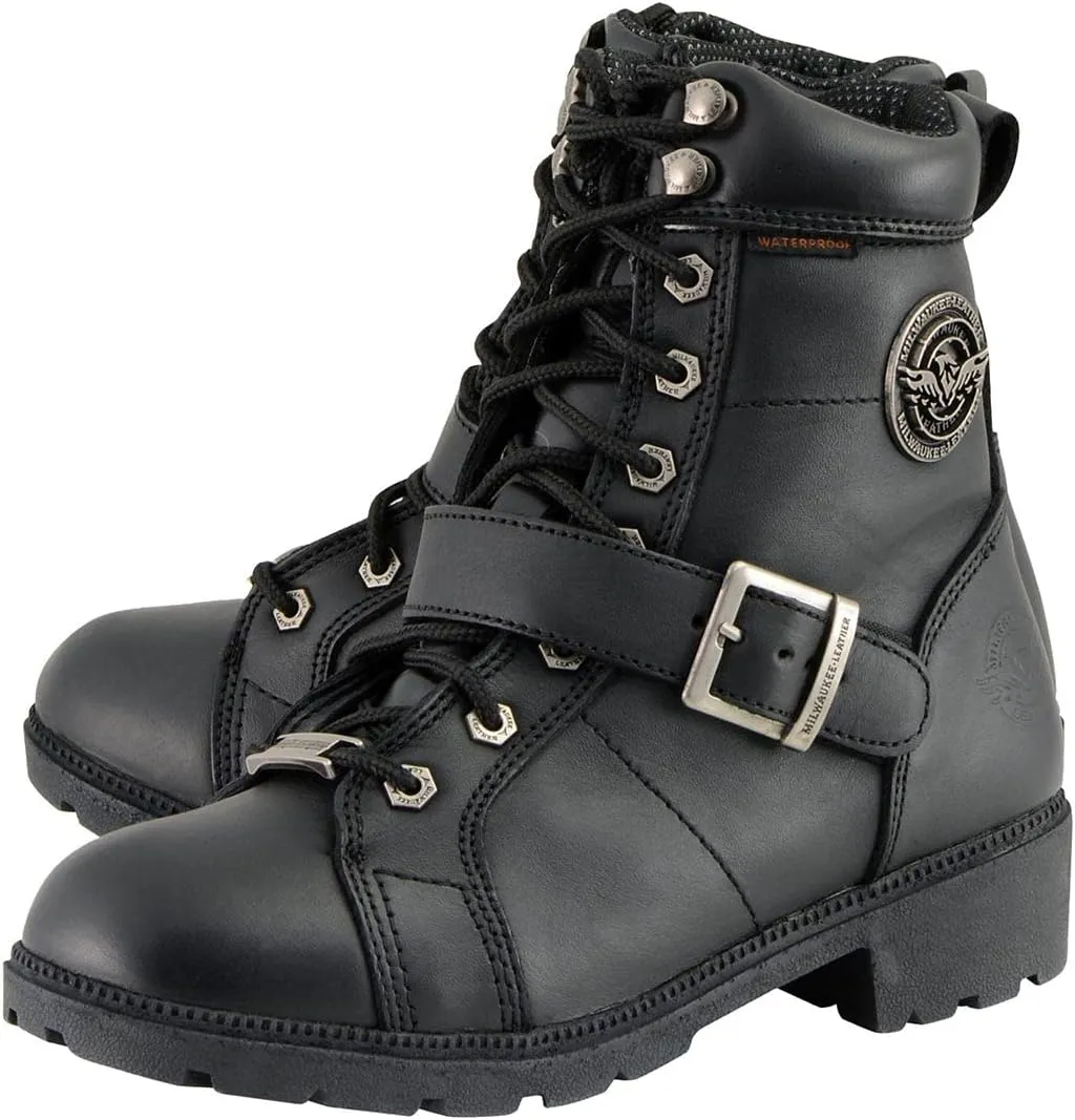 Milwaukee Leather MBL9326WP Women's Premium Black Leather Lace-Up Waterproof Motorcyle Rider Boots