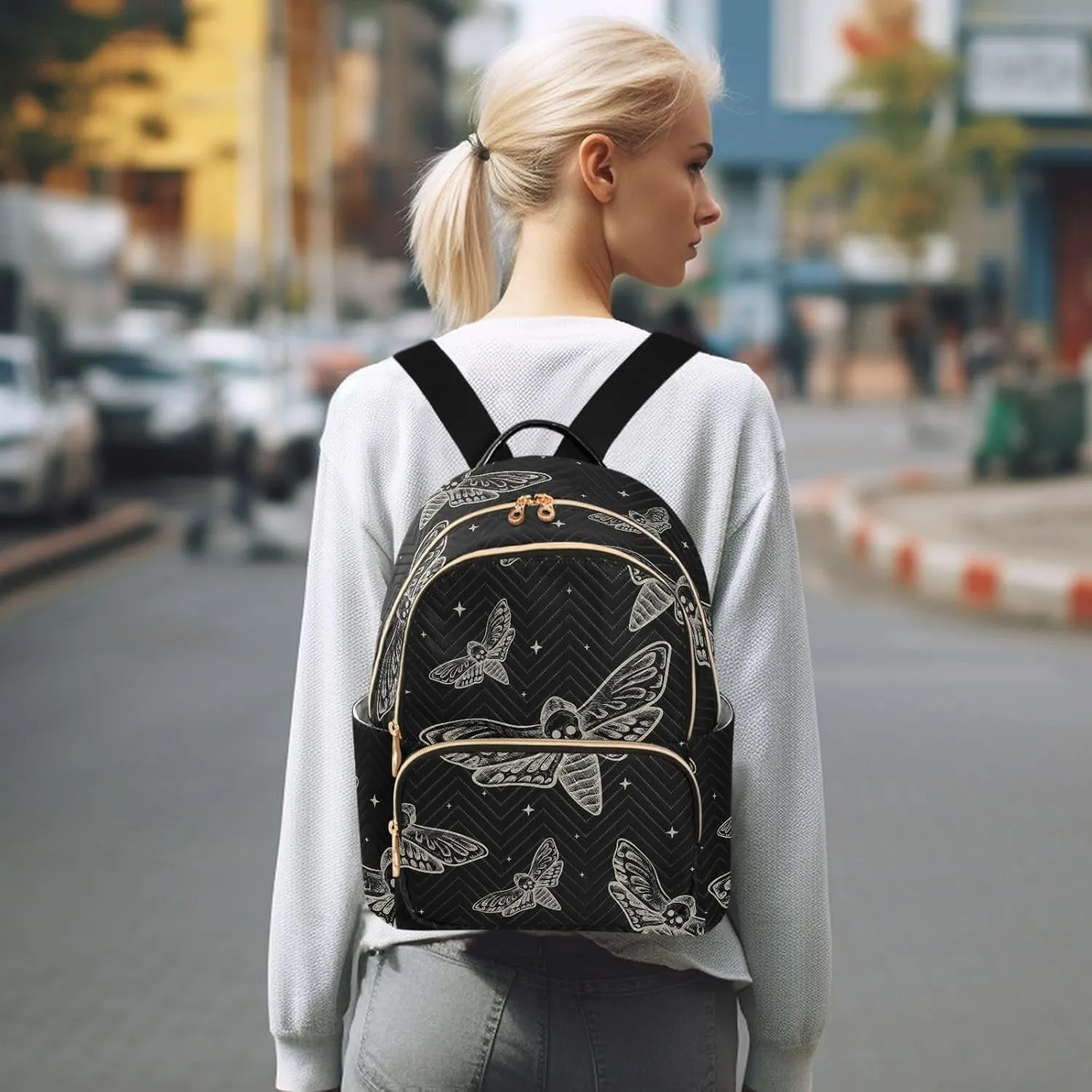 Mini Backpack Gothic Skull Butterfly Moth Fashion Backpack Purse for Women,Handbag Shoulder Bag Casual Daypack, Ladies Gift for College Work (S)