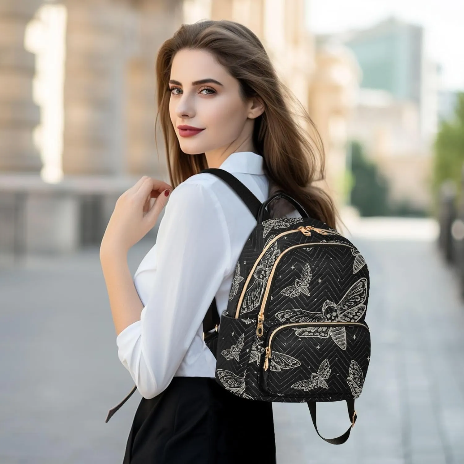 Mini Backpack Gothic Skull Butterfly Moth Fashion Backpack Purse for Women,Handbag Shoulder Bag Casual Daypack, Ladies Gift for College Work (S)