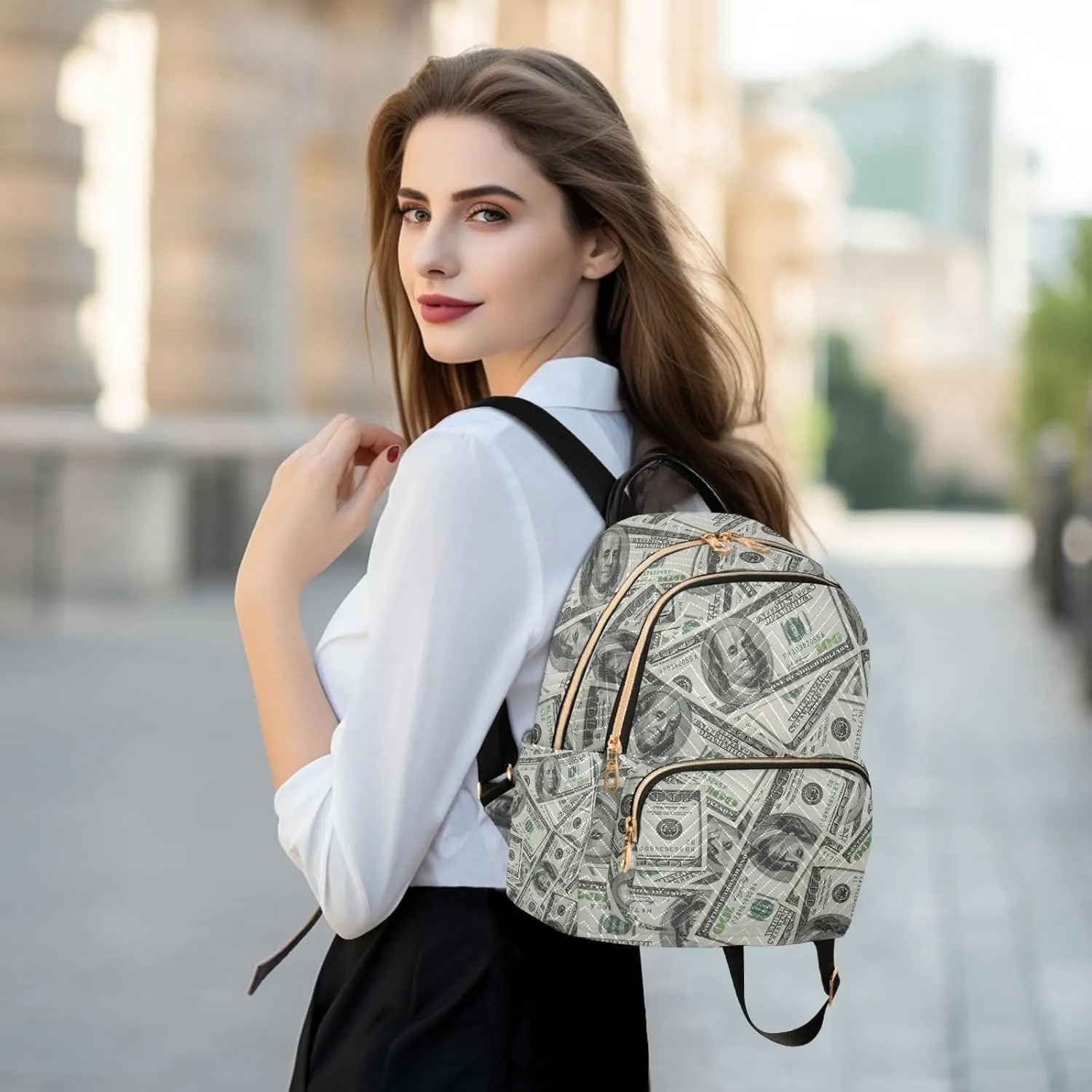 Mini Backpack Money Print Fashion Backpack Purse for Women,Handbag Shoulder Bag Casual Daypack, Ladies Gift for College Work (S)