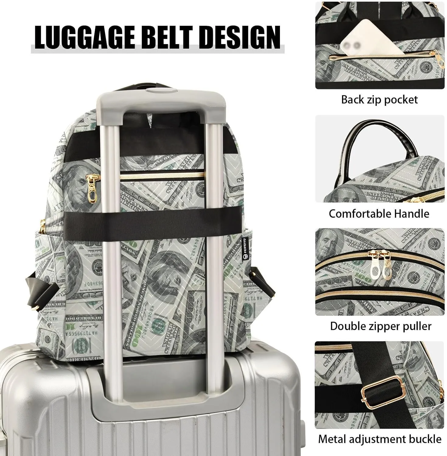 Mini Backpack Money Print Fashion Backpack Purse for Women,Handbag Shoulder Bag Casual Daypack, Ladies Gift for College Work (S)