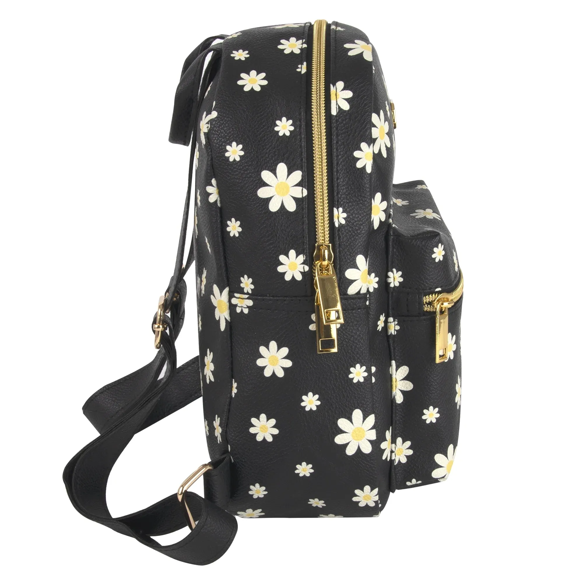 Mini Waterproof Vegan Leather Backpack for Women, Teens and Girls for Work, School, Recreation, Commuting & Traveling in Black Flowers