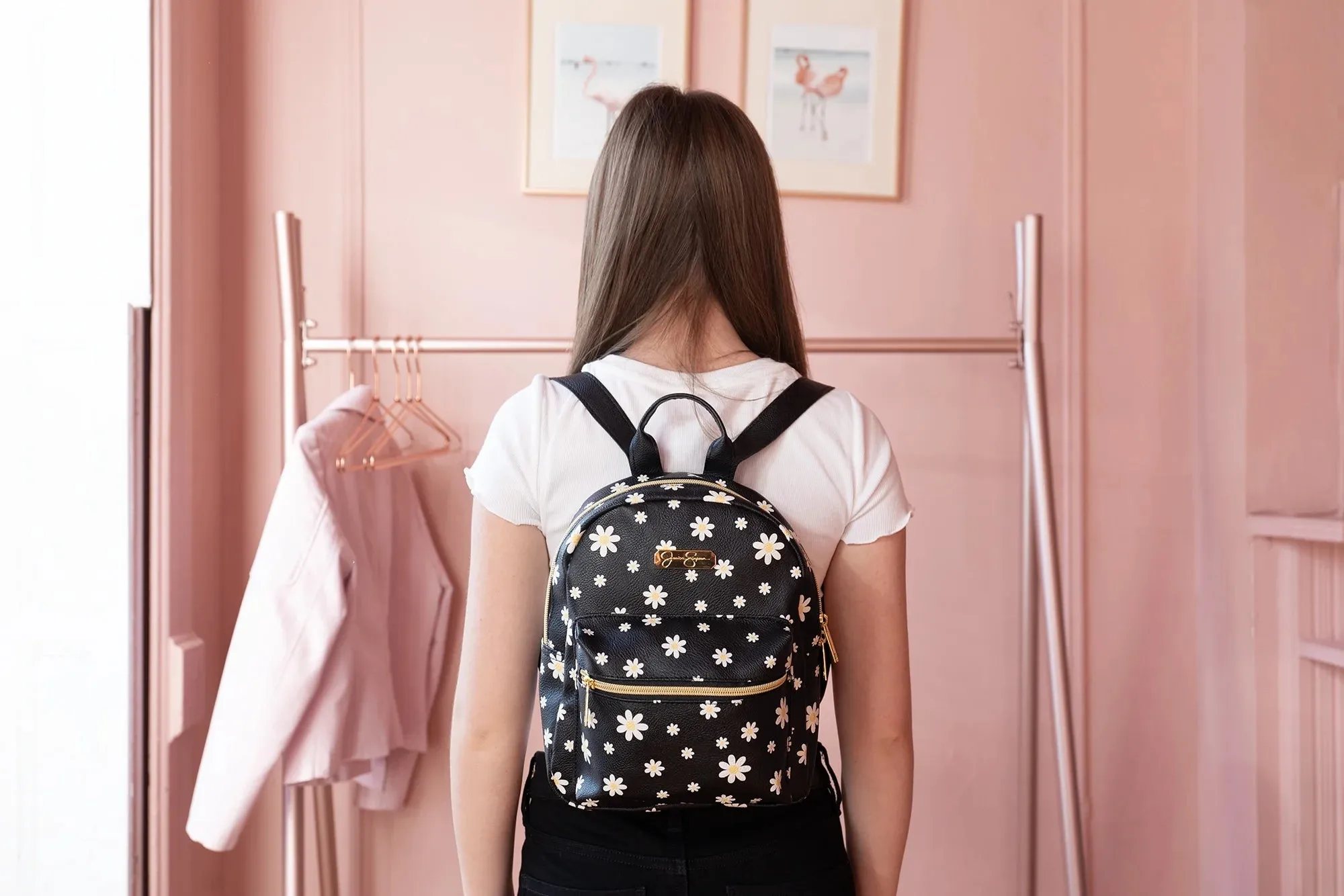 Mini Waterproof Vegan Leather Backpack for Women, Teens and Girls for Work, School, Recreation, Commuting & Traveling in Black Flowers