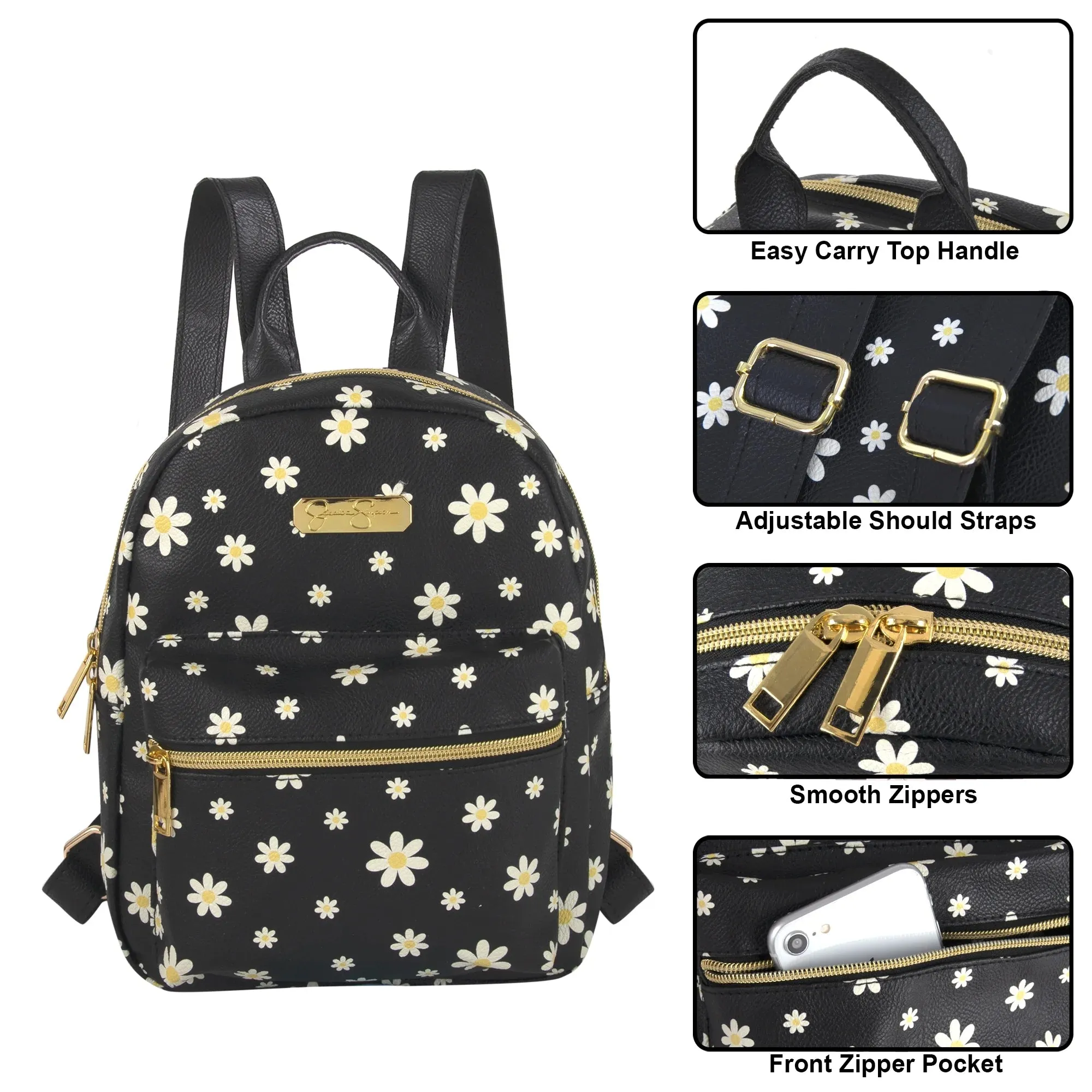 Mini Waterproof Vegan Leather Backpack for Women, Teens and Girls for Work, School, Recreation, Commuting & Traveling in Black Flowers