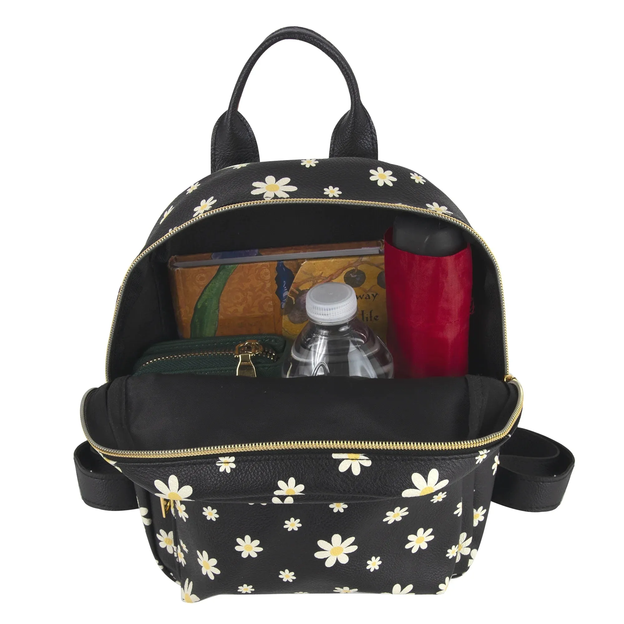 Mini Waterproof Vegan Leather Backpack for Women, Teens and Girls for Work, School, Recreation, Commuting & Traveling in Black Flowers