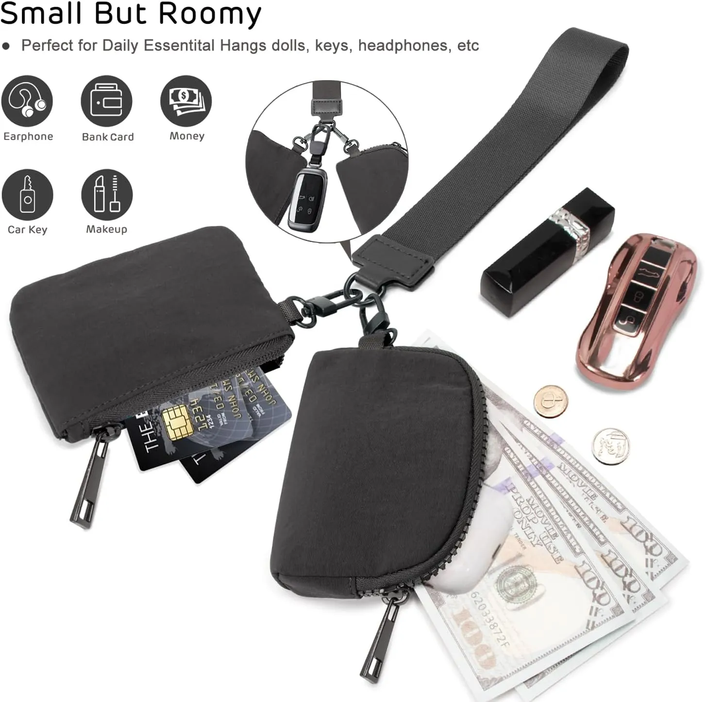 Mini Zip Around Wristlet Wallets for Women Small Portable Coin Purse Dual Pouch Keychain Wristlet Gifts for Women Travel Sports Outdoors (Dark Gray)