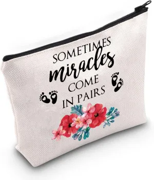 MNIGIU Twin Mom Gift Expecting Mom Makeup Cosmetic Bag Sometimes Miracles Come in Pairs Mommy To Be Gift Travel Zipper Pouch (miracles pairs bag)