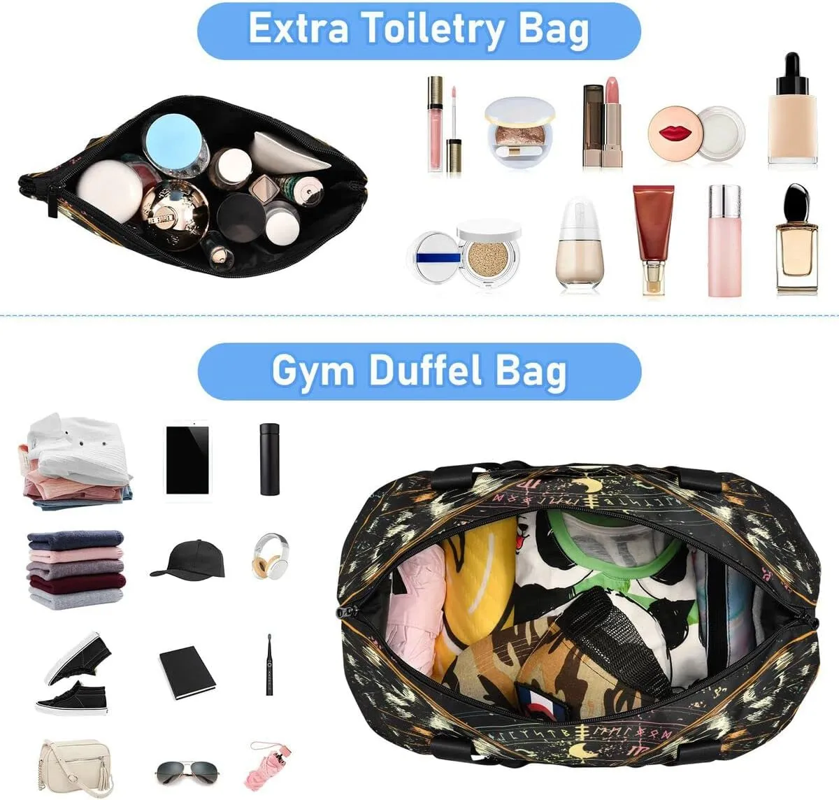 MNSRUU Travel Duffel Tote Bag Mysterious Skull Horoscope Black Gold Marble Stripe Sports with Wet Pocket Weekender Overnight for Women Men Gym Bag, Carry On Hospital Labor & Delivery