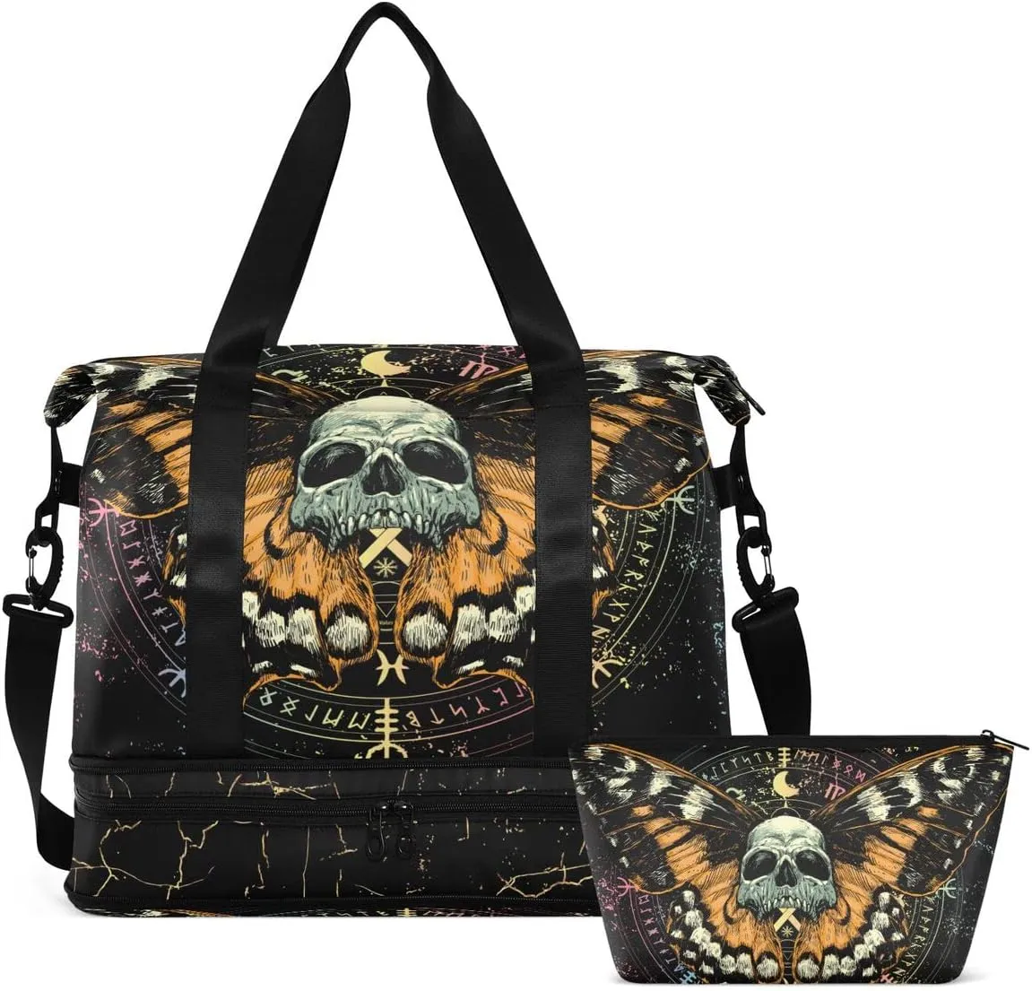 MNSRUU Travel Duffel Tote Bag Mysterious Skull Horoscope Black Gold Marble Stripe Sports with Wet Pocket Weekender Overnight for Women Men Gym Bag, Carry On Hospital Labor & Delivery