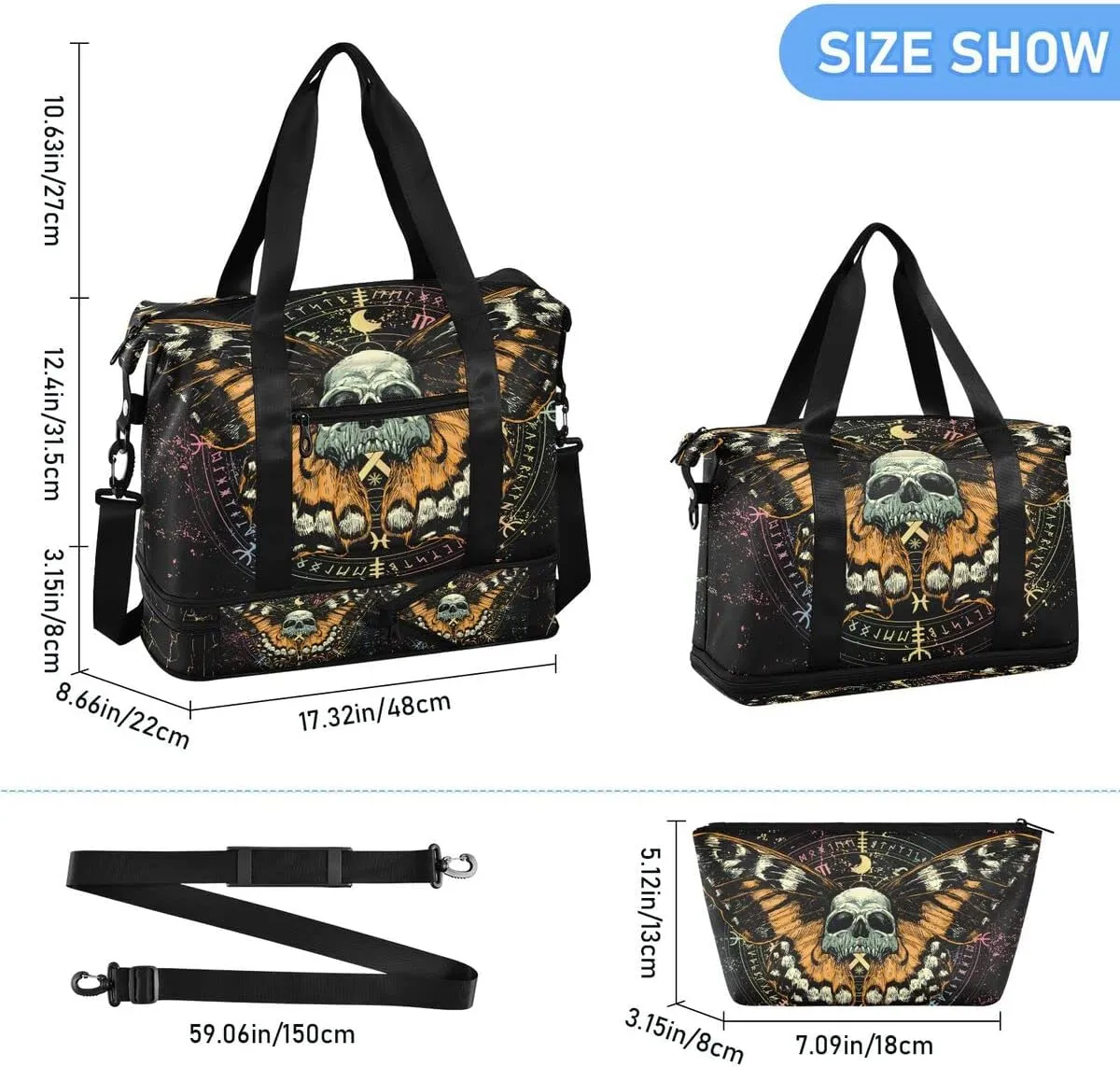 MNSRUU Travel Duffel Tote Bag Mysterious Skull Horoscope Black Gold Marble Stripe Sports with Wet Pocket Weekender Overnight for Women Men Gym Bag, Carry On Hospital Labor & Delivery