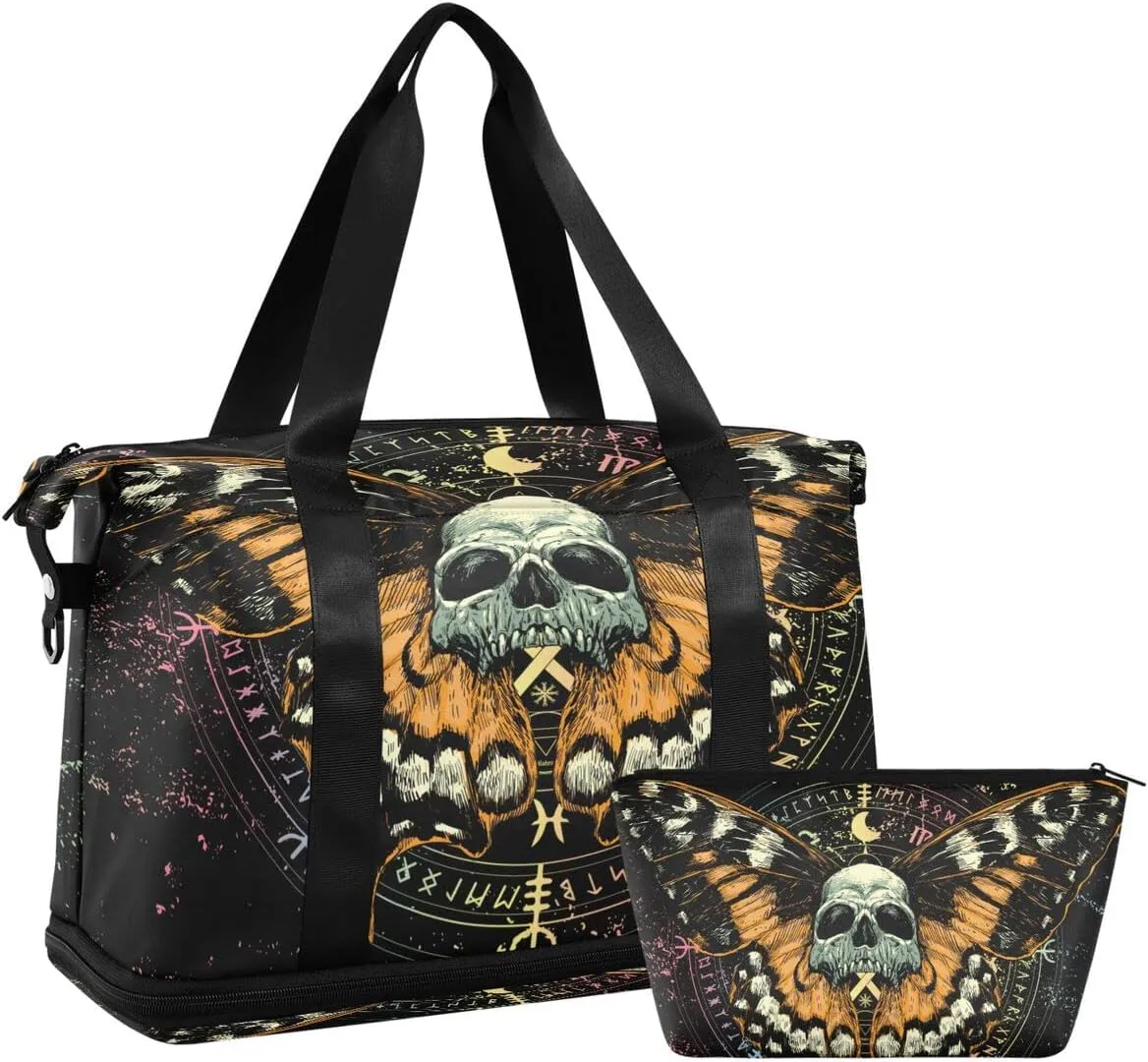 MNSRUU Travel Duffel Tote Bag Mysterious Skull Horoscope Black Gold Marble Stripe Sports with Wet Pocket Weekender Overnight for Women Men Gym Bag, Carry On Hospital Labor & Delivery