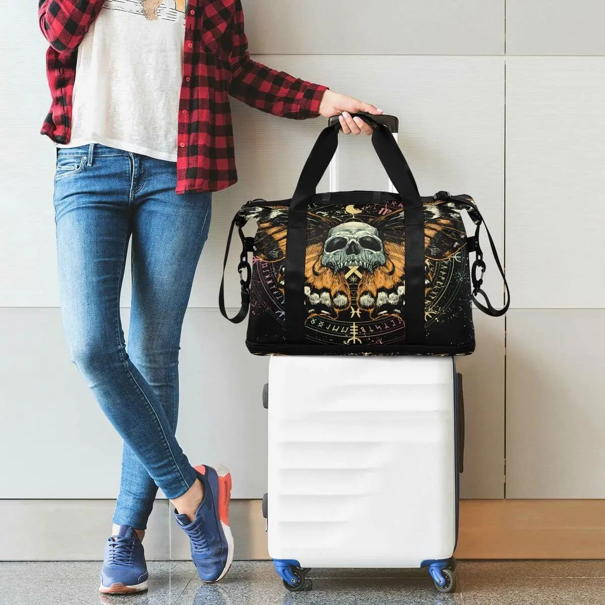 MNSRUU Travel Duffel Tote Bag Mysterious Skull Horoscope Black Gold Marble Stripe Sports with Wet Pocket Weekender Overnight for Women Men Gym Bag, Carry On Hospital Labor & Delivery