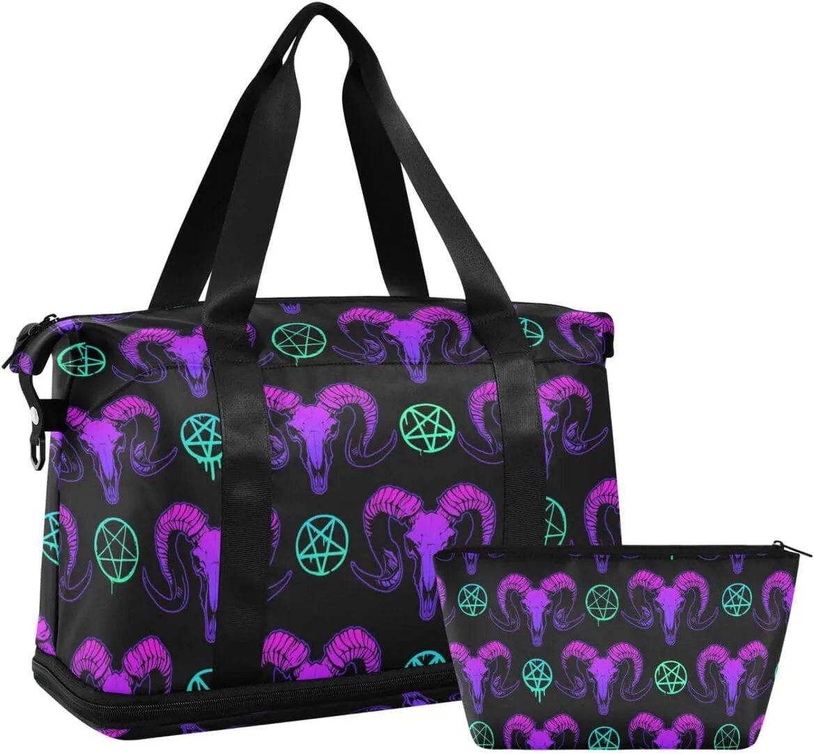 MNSRUU Travel Duffel Tote Bag Mystical Ram Skull Sports Duffel Bag with Wet Pocket Weekender Overnight Bag for Women Men Gym Bag, Carry On Bag Hospital Bag for Labor and Delivery