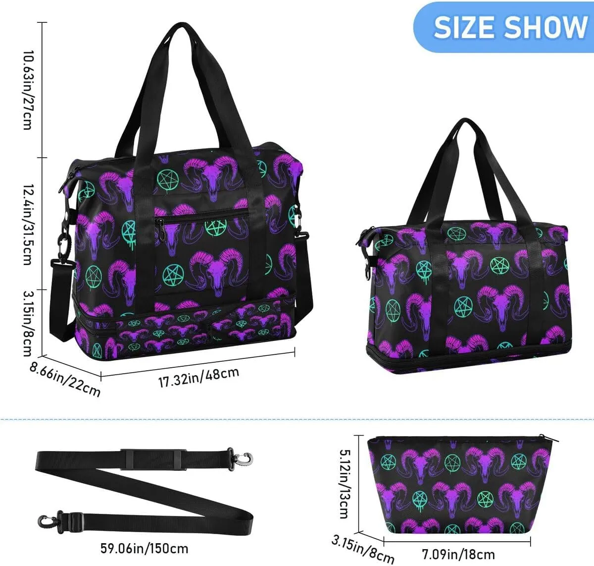 MNSRUU Travel Duffel Tote Bag Mystical Ram Skull Sports Duffel Bag with Wet Pocket Weekender Overnight Bag for Women Men Gym Bag, Carry On Bag Hospital Bag for Labor and Delivery
