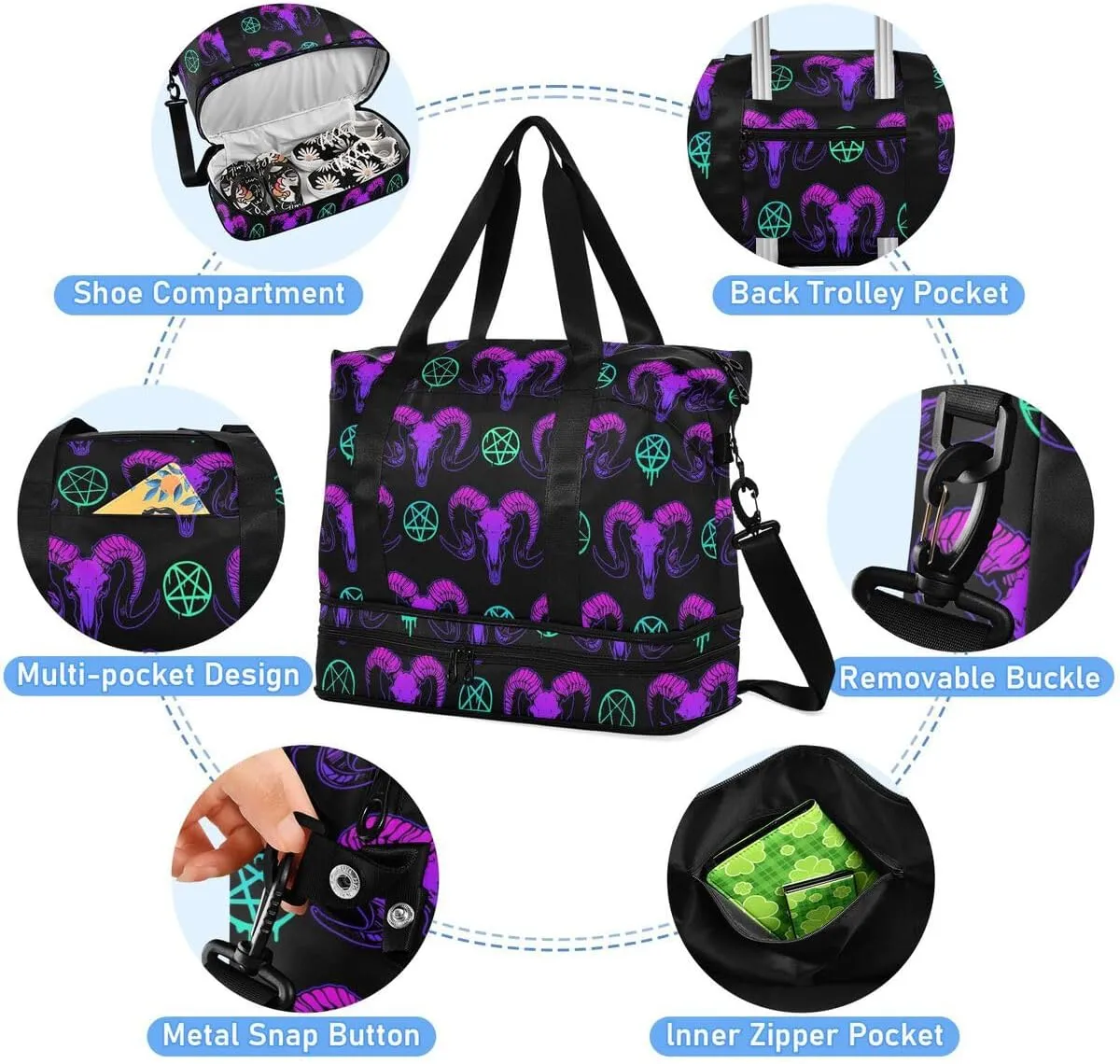 MNSRUU Travel Duffel Tote Bag Mystical Ram Skull Sports Duffel Bag with Wet Pocket Weekender Overnight Bag for Women Men Gym Bag, Carry On Bag Hospital Bag for Labor and Delivery