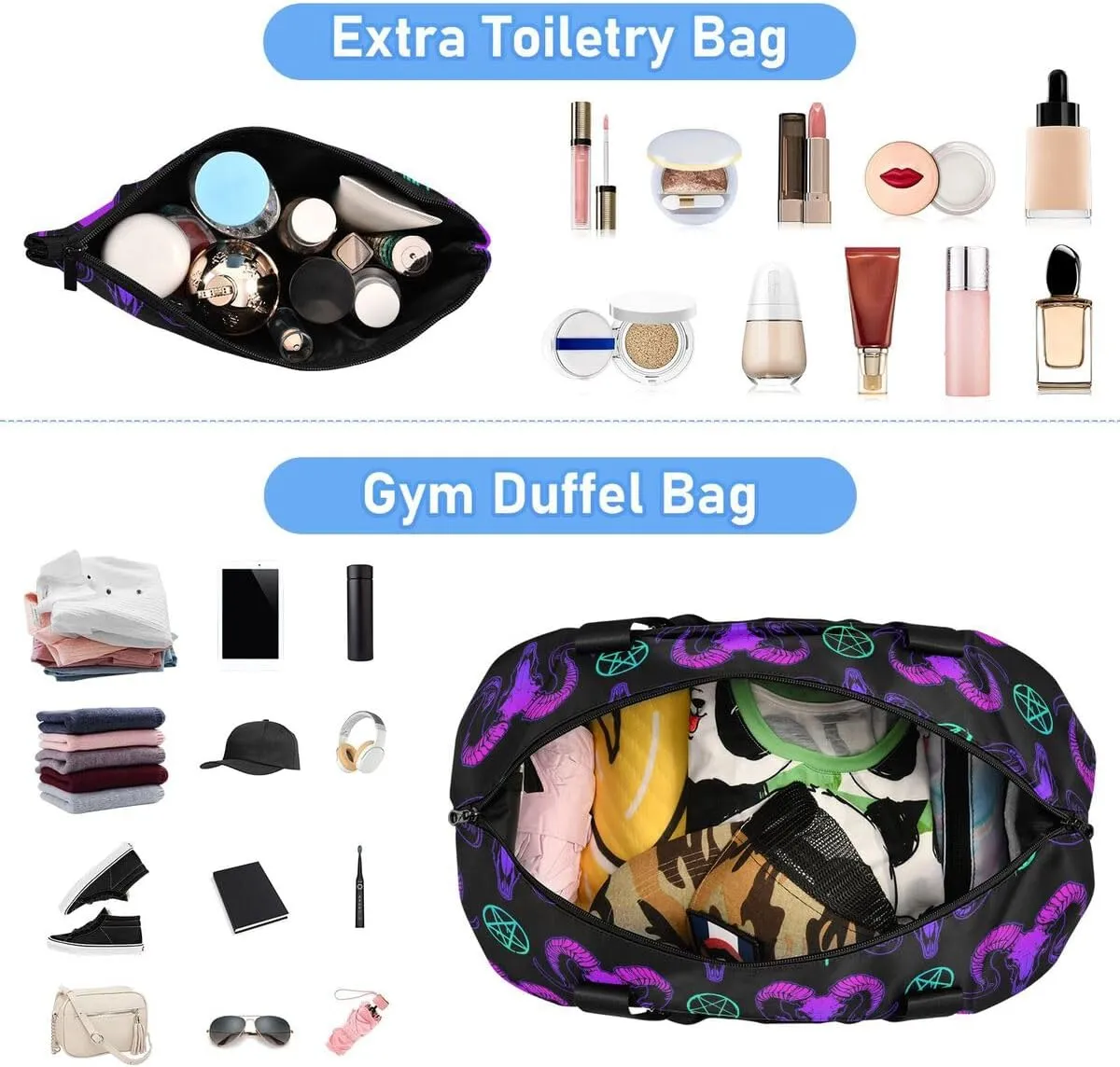 MNSRUU Travel Duffel Tote Bag Mystical Ram Skull Sports Duffel Bag with Wet Pocket Weekender Overnight Bag for Women Men Gym Bag, Carry On Bag Hospital Bag for Labor and Delivery