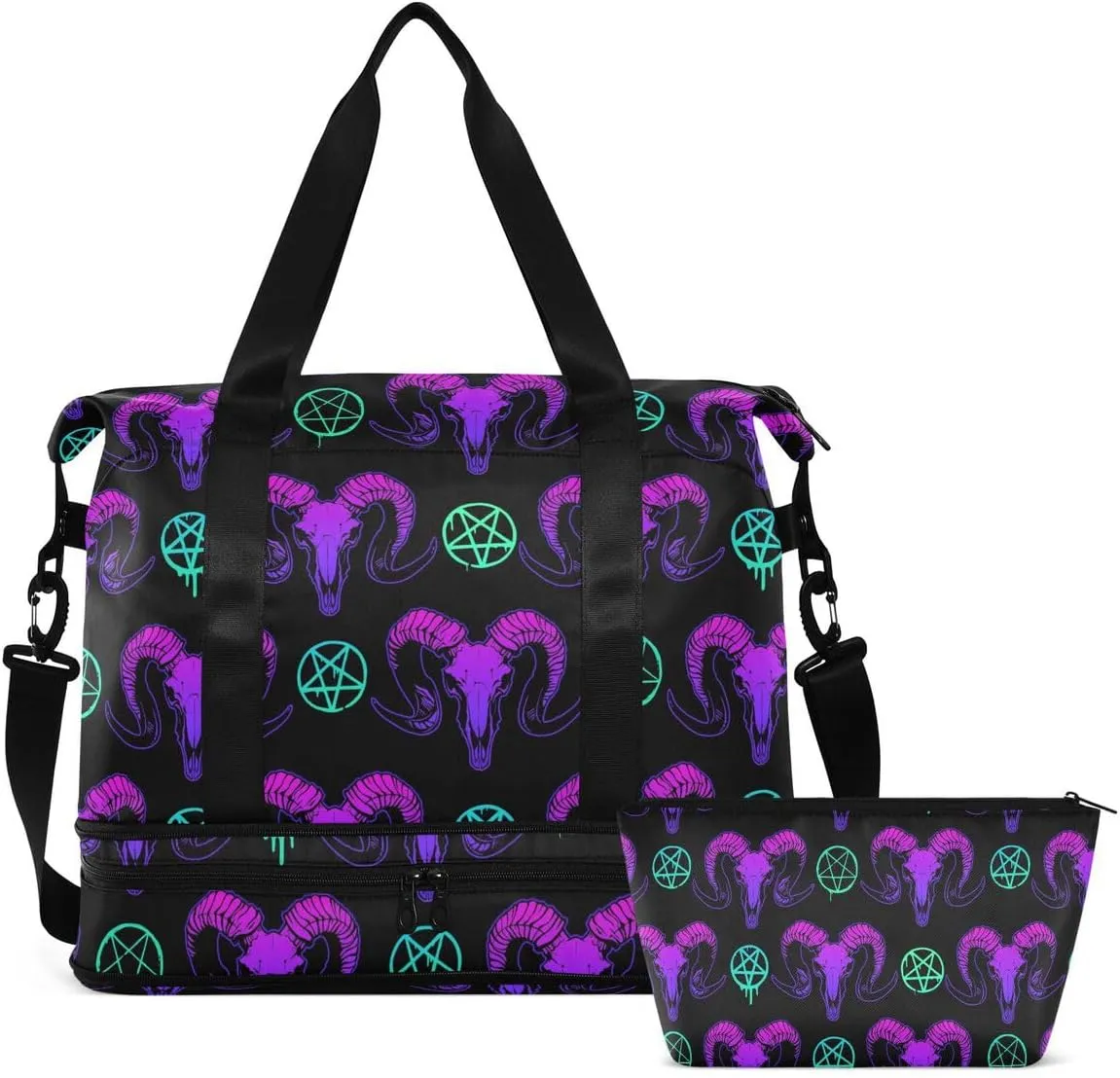 MNSRUU Travel Duffel Tote Bag Mystical Ram Skull Sports Duffel Bag with Wet Pocket Weekender Overnight Bag for Women Men Gym Bag, Carry On Bag Hospital Bag for Labor and Delivery