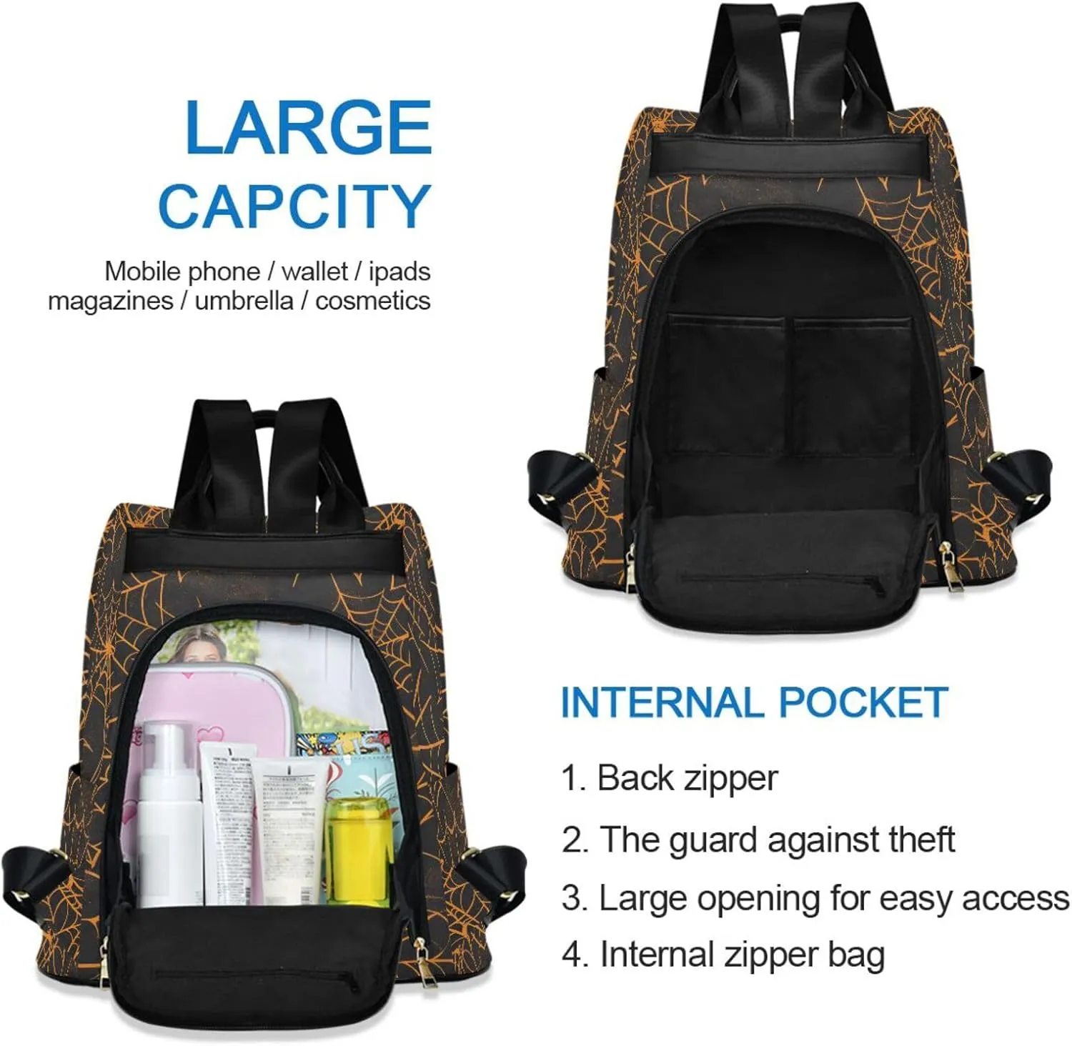 MNSRUU Women Backpack Purse Spiders and Webs Halloween Backpack for Women Anti-theft Shoulder Bag Carry On Backpack Lightweight Rucksack Fashion Travel Ladies Bags