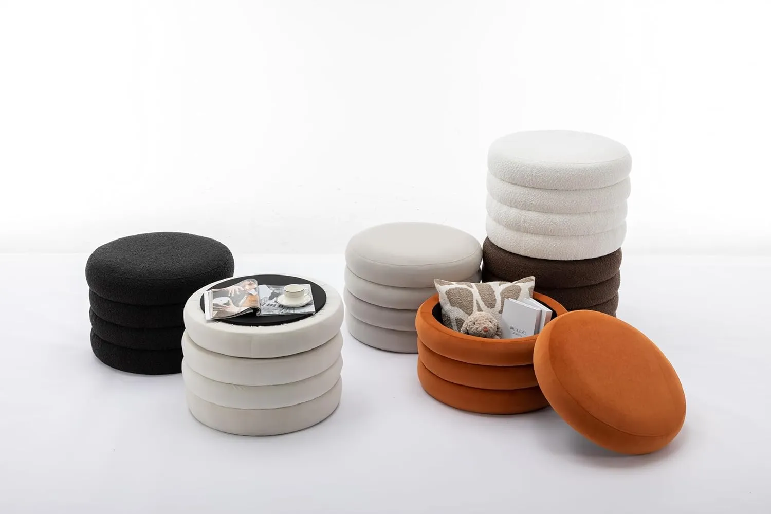 Modern Boucle Fabric Storage Round Ottoman Footstool with Wooden Shelving, Stacked Design, Hidden Storage Space, (Ivory)