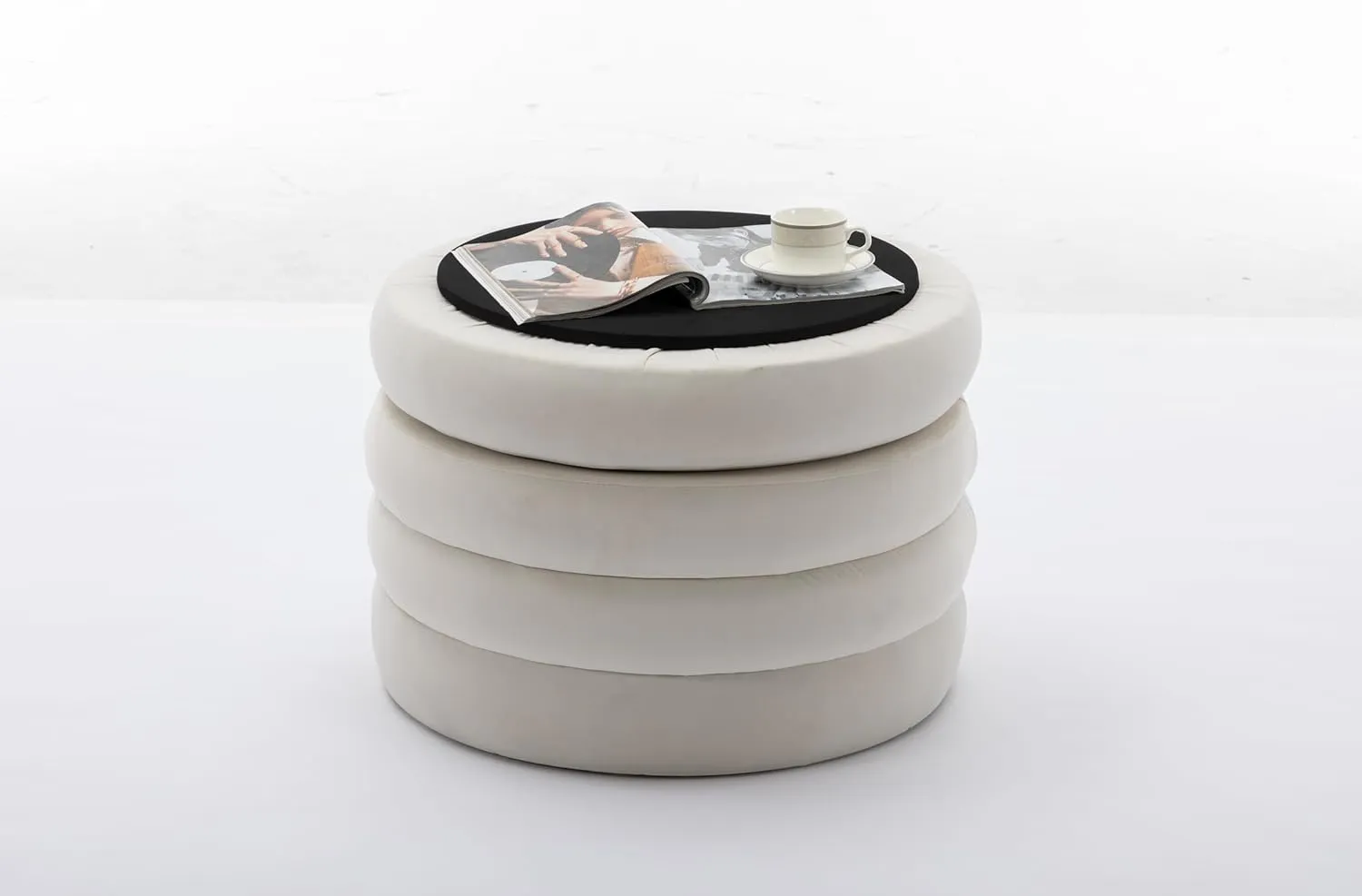 Modern Boucle Fabric Storage Round Ottoman Footstool with Wooden Shelving, Stacked Design, Hidden Storage Space, (Ivory)