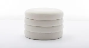 Modern Boucle Fabric Storage Round Ottoman Footstool with Wooden Shelving, Stacked Design, Hidden Storage Space, (Ivory)