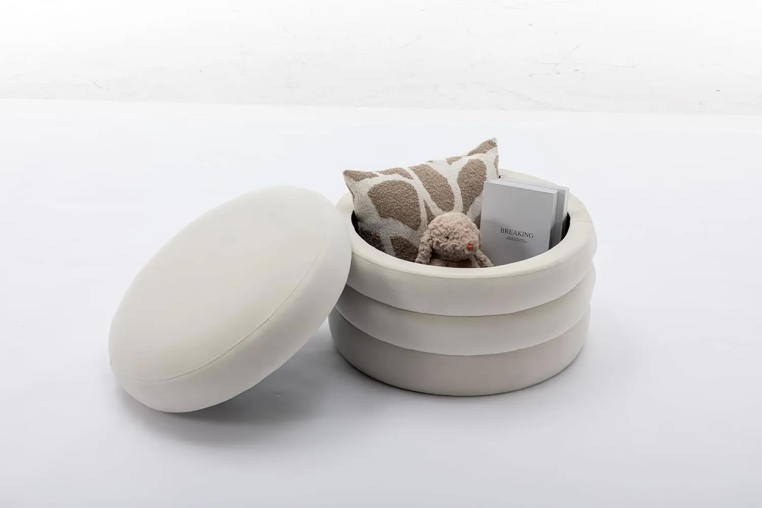 Modern Boucle Fabric Storage Round Ottoman Footstool with Wooden Shelving, Stacked Design, Hidden Storage Space, (Ivory)