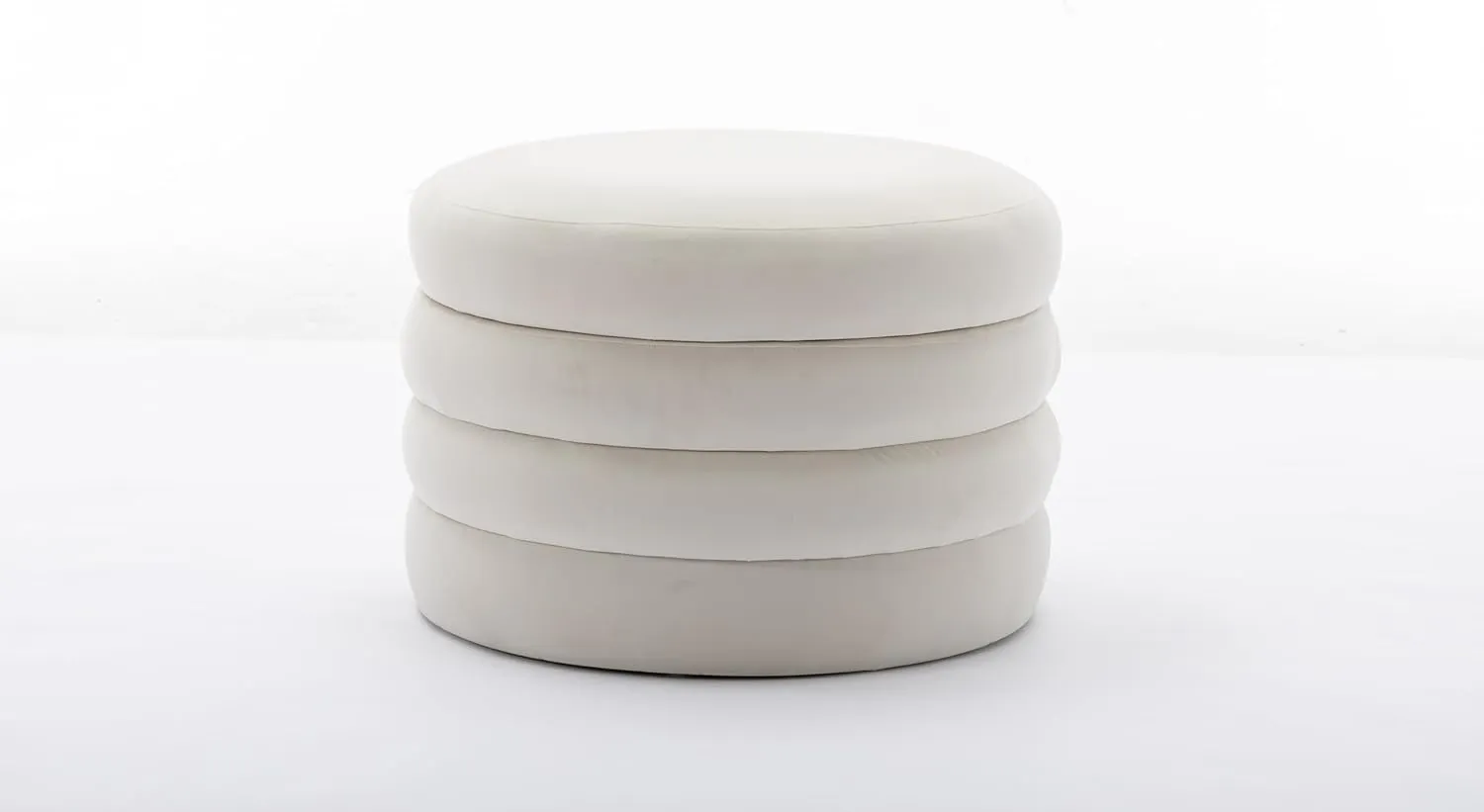 Modern Boucle Fabric Storage Round Ottoman Footstool with Wooden Shelving, Stacked Design, Hidden Storage Space, (Ivory)