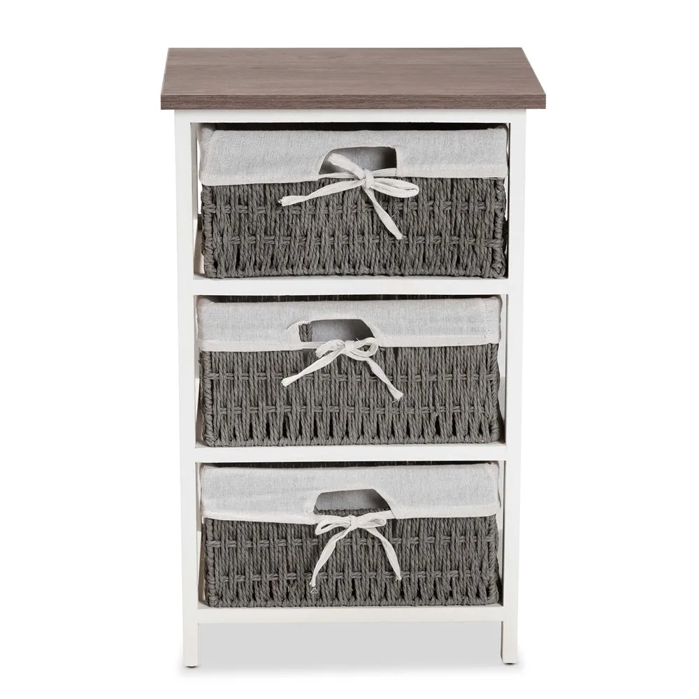 Modern Transitional Two-Tone Walnut Brown and White Finished Wood 3-Basket Storage Unit