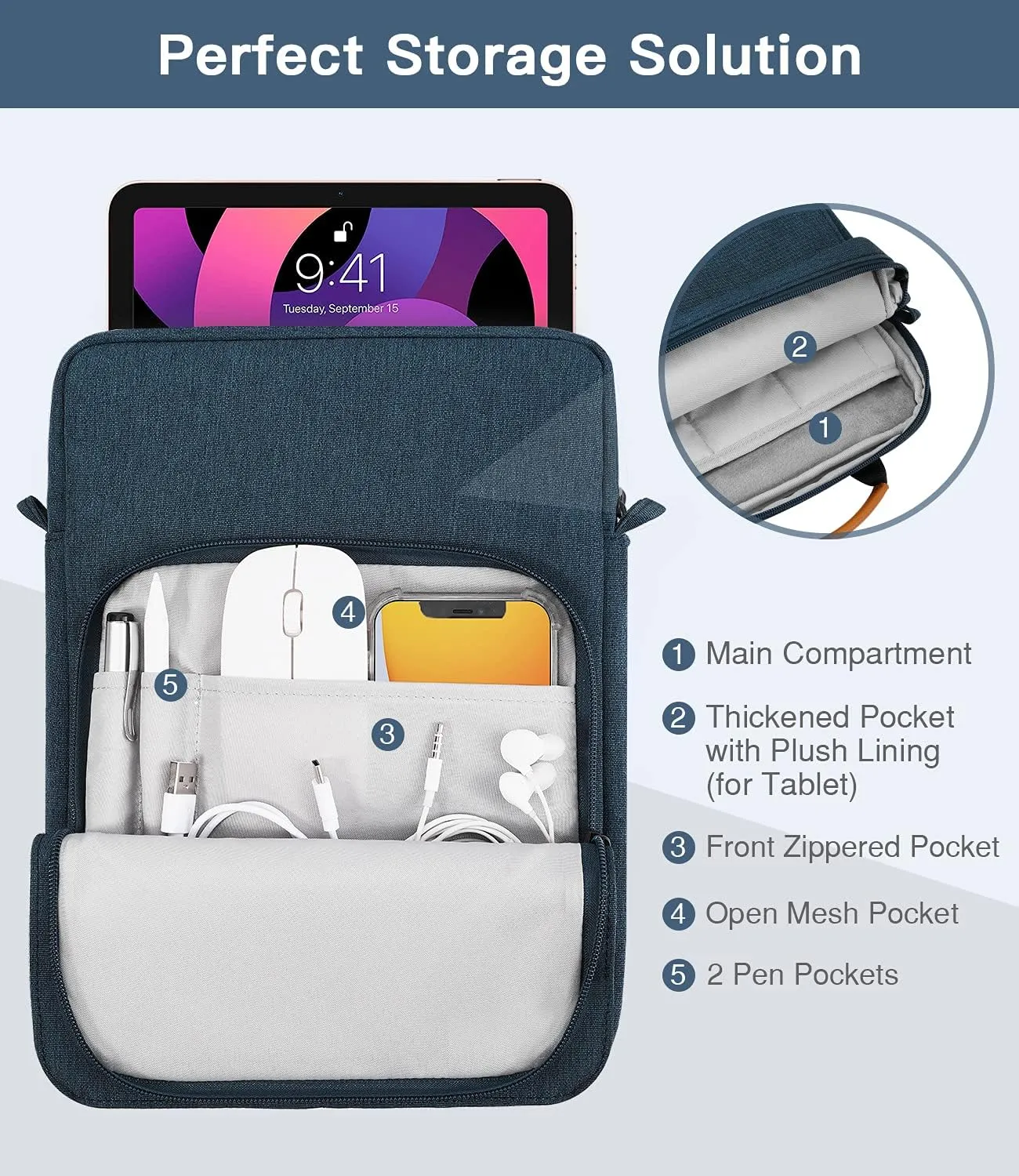 MoKo 9-11 Inch Tablet Sleeve Bag Handle Carrying Case with Shoulder Strap Fits 11inch iPad Air M3, iPad A16 2025, Pro 11 inch, iPad 10/9/8/7th Gen, Tab S8/S9 11", Indigo