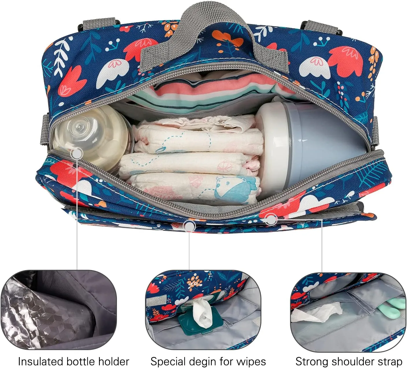MOMIGO Baby Diaper Caddy Bag - Diaper Caddy Tote Baby Stroller Bag Nursery Storage Bin for Diapers, Wipes & Toys Mini Diaper Bag for Outdoor (Blue Flower