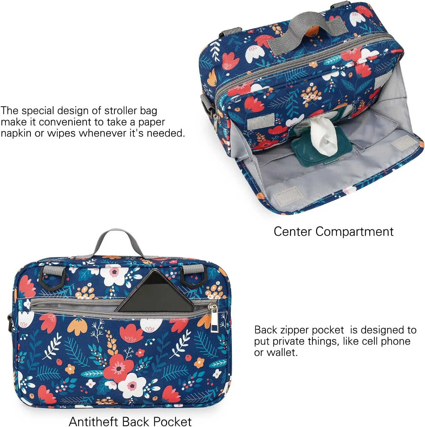 MOMIGO Baby Diaper Caddy Bag - Diaper Caddy Tote Baby Stroller Bag Nursery Storage Bin for Diapers, Wipes & Toys Mini Diaper Bag for Outdoor (Blue Flower