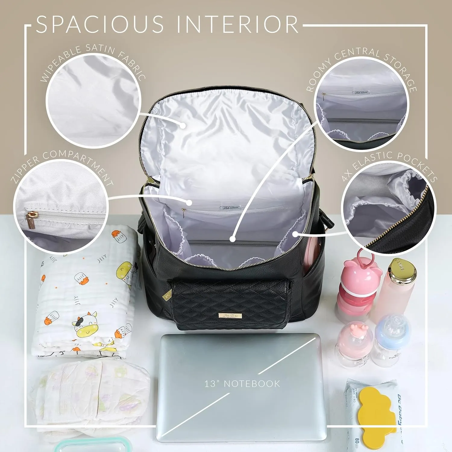 Monaco Large Diaper Bag Backpack by Luli Bebe - Designer Modern Vegan Leather Stylish Baby Diaper Bag for Mom, Multipurpose, Roomy, with Changing Pad and stroller straps (Ebony Black)