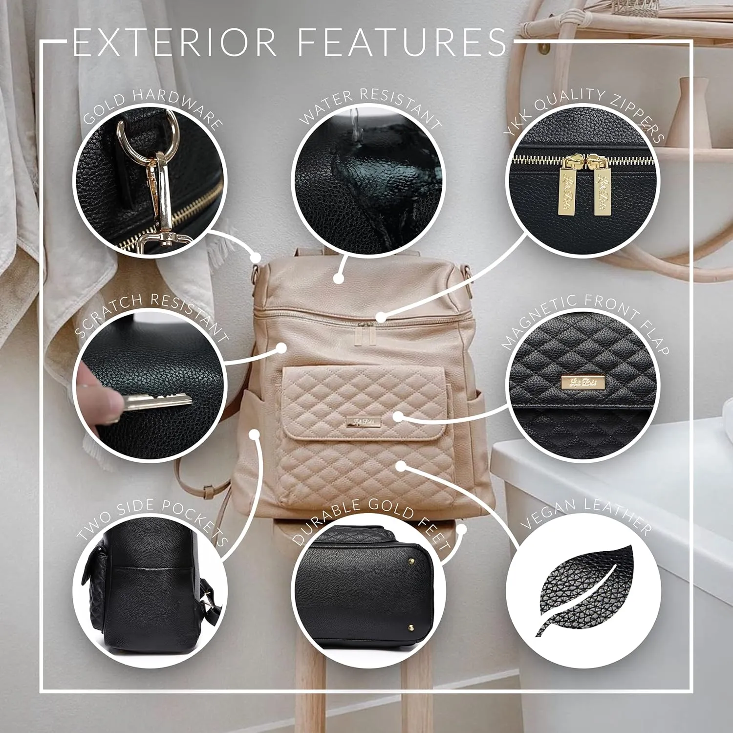 Monaco Large Diaper Bag Backpack by Luli Bebe - Designer Modern Vegan Leather Stylish Baby Diaper Bag for Mom, Multipurpose, Roomy, with Changing Pad and stroller straps (Ebony Black)