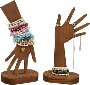 MOOCA 2 Pcs Set Multi-Functional Tabletop or Wall-Mountable Wooden Hand-Shaped Jewelry Display Stand For More Bracelet Storage, Premium Real Wood Sturdy Base, Brown Color
