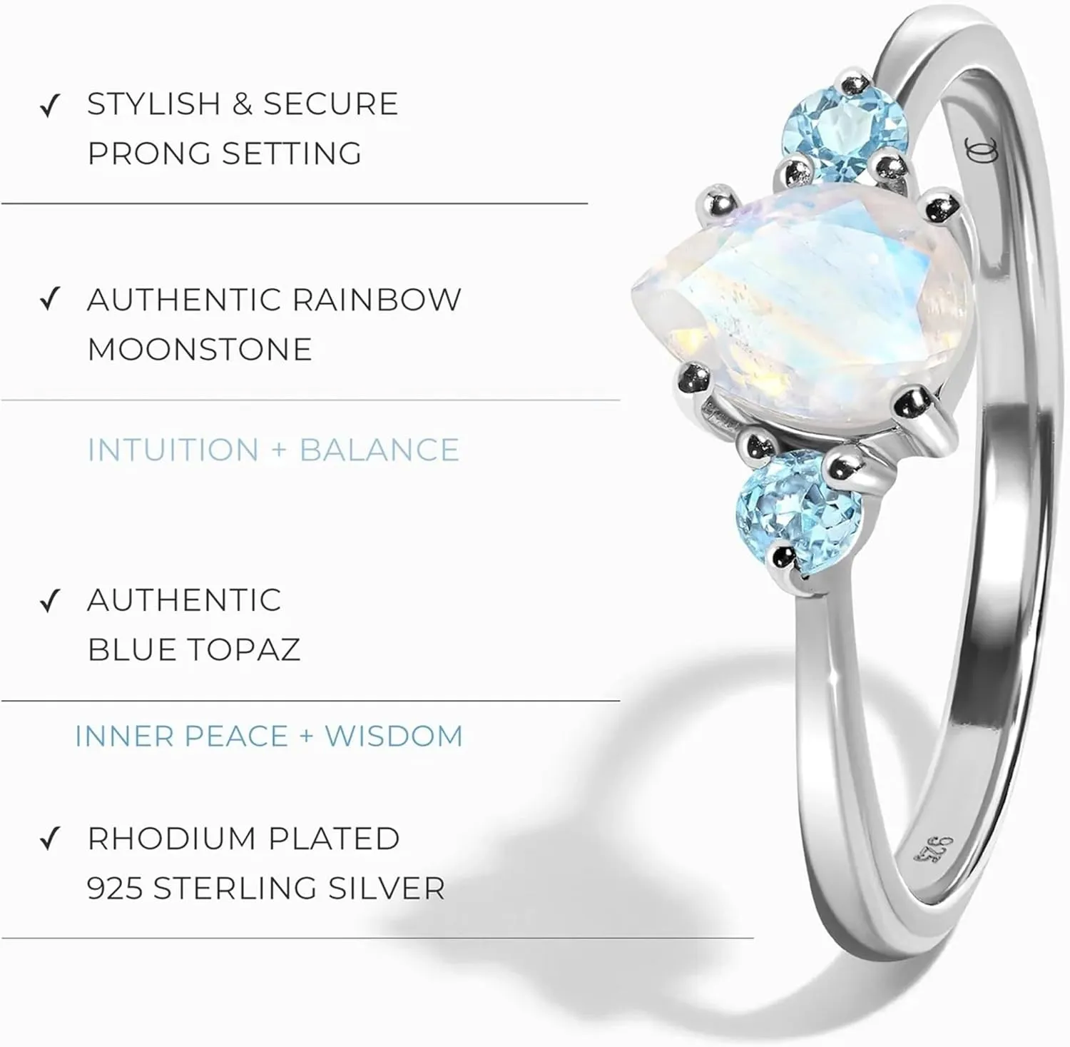 Moon Magic - Authentic Rainbow Moonstone, Ruby, Garnet, Rose Quartz, Obsidian, Amethyst, Multi Color Rings/Real 925 Sterling Silver - 18k Rose Yellow Gold Birthstone Rings for Women/Genuine Gemstones