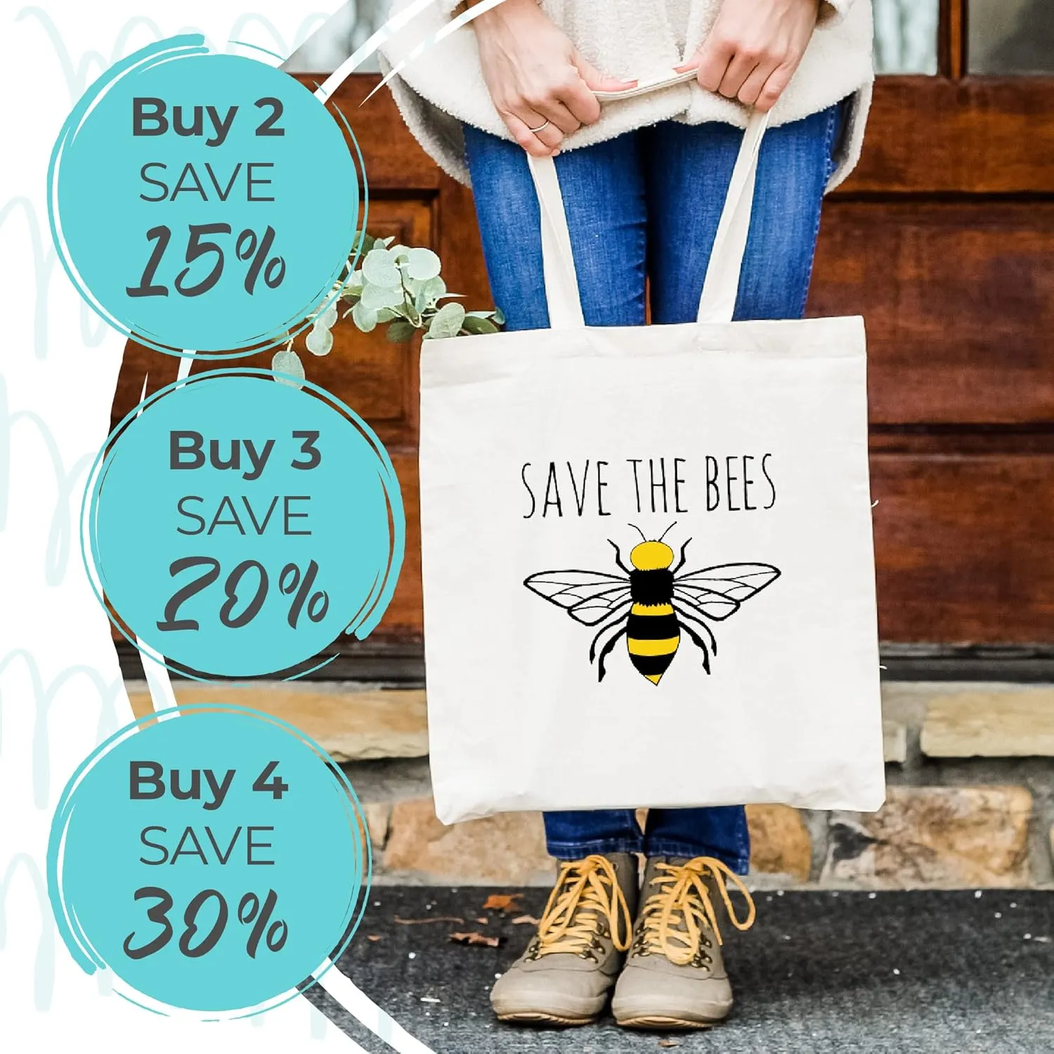 Moonlight Makers, Save The Bees, 100% Cotton Canvas, Natural Tote Bag, Full-Color Tote, Funny Design
