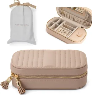 Mothers Day Gift Beige Elegant Oval Jewelry Travel Case | Zip-Closure Jewelry Box with Mirror, Slots for Pendants, Bracelets, Rings & Earrings, Complimentary Dust Bag