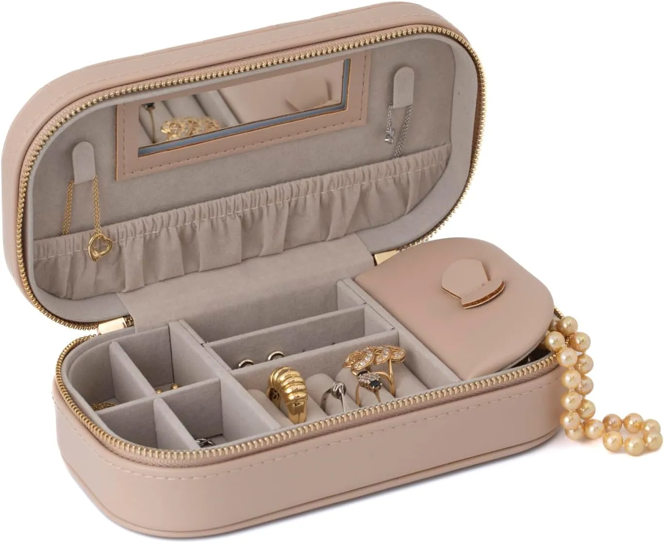 Mothers Day Gift Beige Elegant Oval Jewelry Travel Case | Zip-Closure Jewelry Box with Mirror, Slots for Pendants, Bracelets, Rings & Earrings, Complimentary Dust Bag