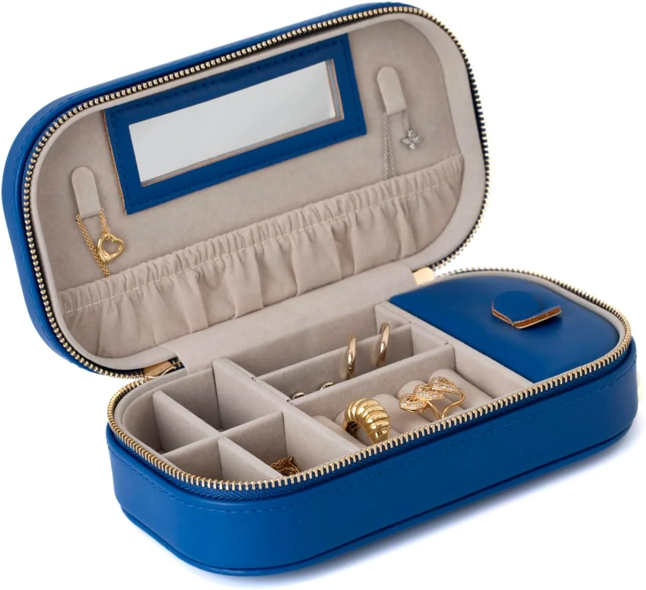 Mother's Day Gift Blue Elegant Oval Jewelry Travel Case | Zip-Closure Jewelry Box with Mirror, Slots for Pendants, Bracelets, Rings & Earrings, Complimentary Dust Bag