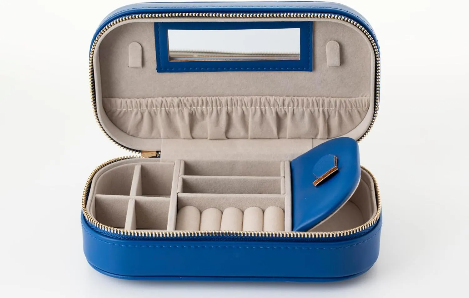 Mother's Day Gift Blue Elegant Oval Jewelry Travel Case | Zip-Closure Jewelry Box with Mirror, Slots for Pendants, Bracelets, Rings & Earrings, Complimentary Dust Bag