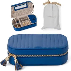 Mother's Day Gift Blue Elegant Oval Jewelry Travel Case | Zip-Closure Jewelry Box with Mirror, Slots for Pendants, Bracelets, Rings & Earrings, Complimentary Dust Bag