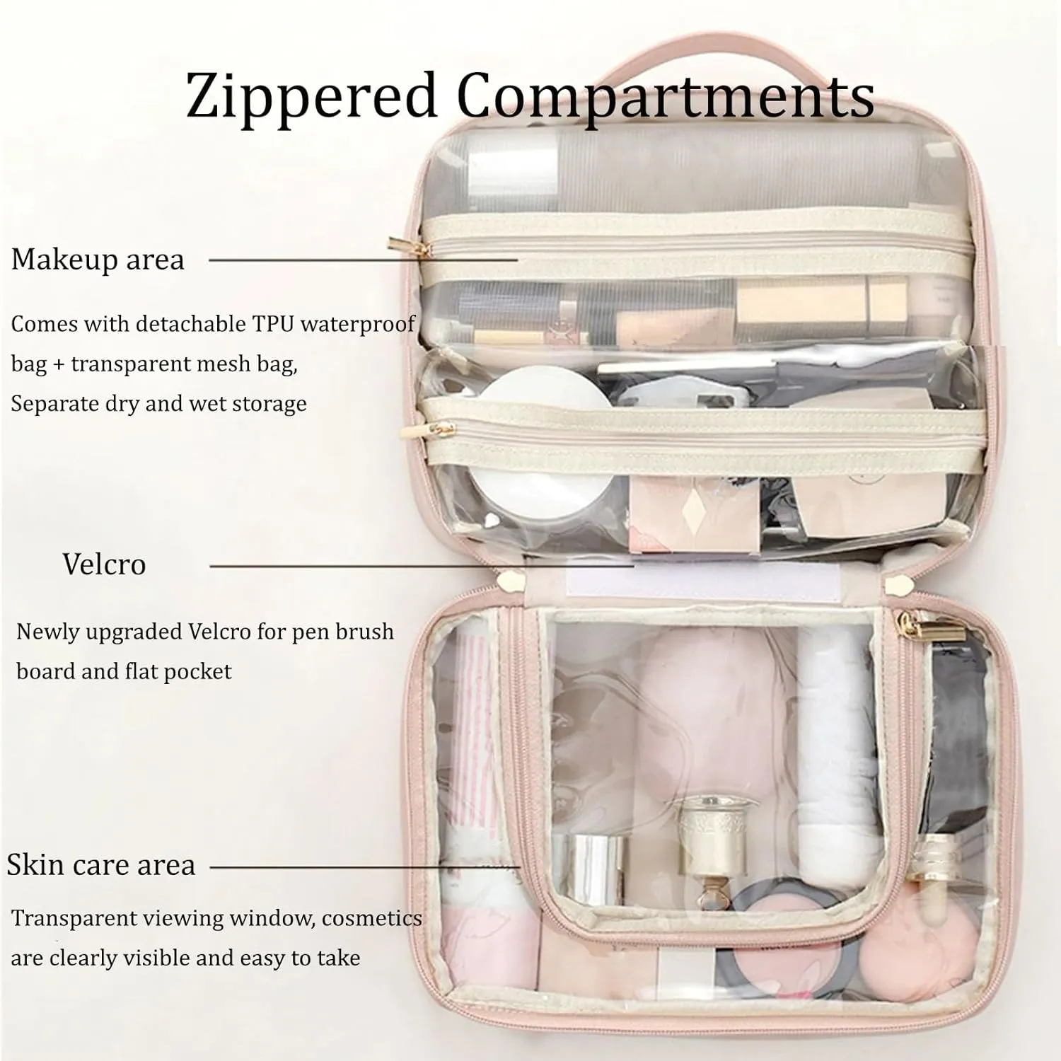 Multi-Compartment Toiletry Cosmetics Bag, Portable & Large Capacity Makeup Bag with Compartments, multi compartment toiletry Bag for Travel (Brown*2)